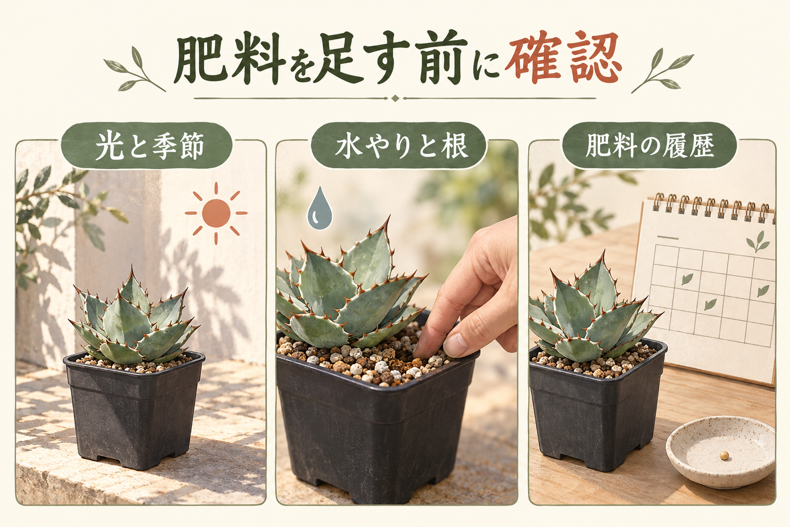 肥料を足す前に、光と季節、水やりと根、肥料の履歴を確認する3パネル図。