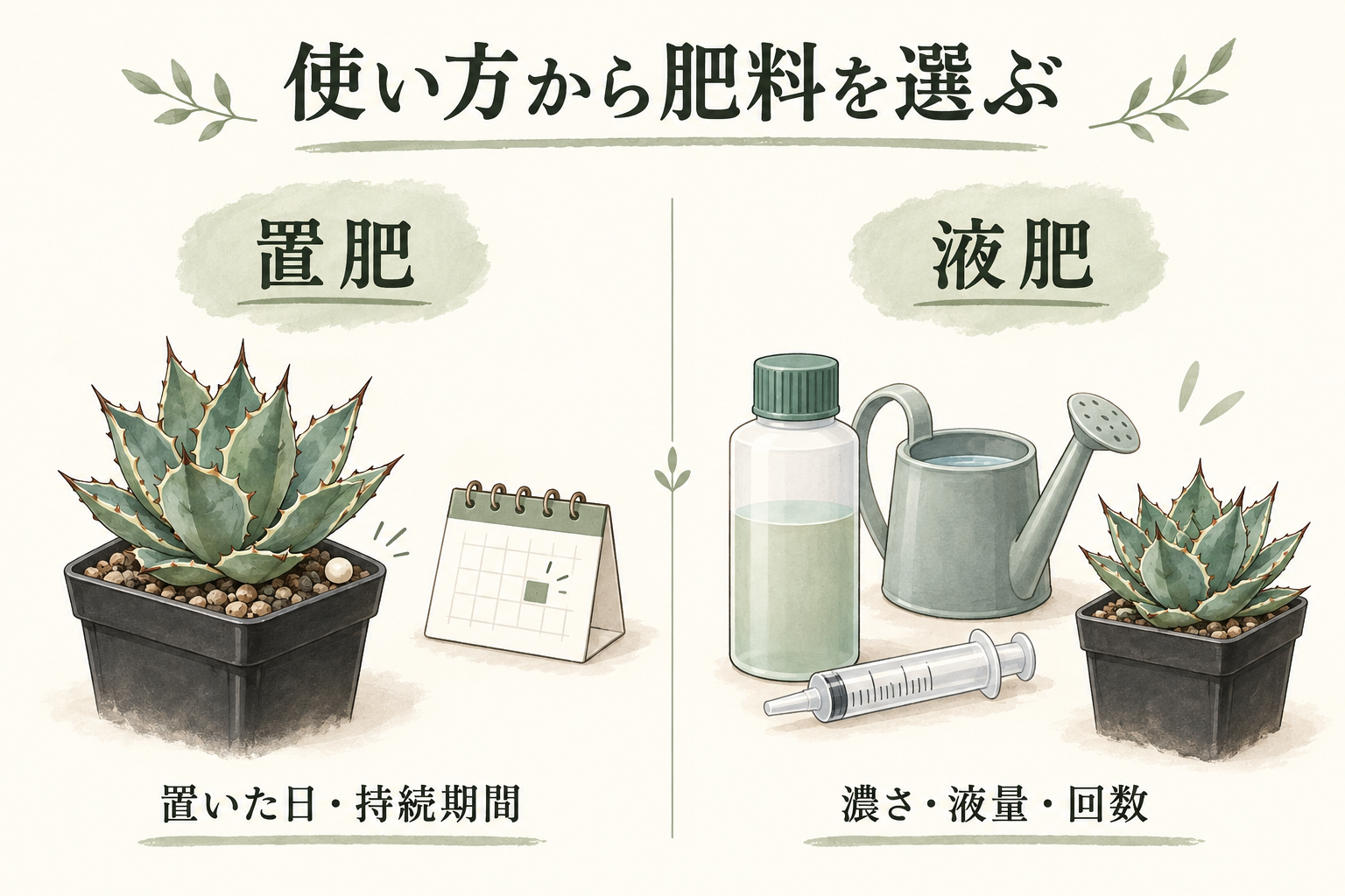 置肥は置いた日と持続期間、液肥は濃さ・液量・回数を管理する比較図。